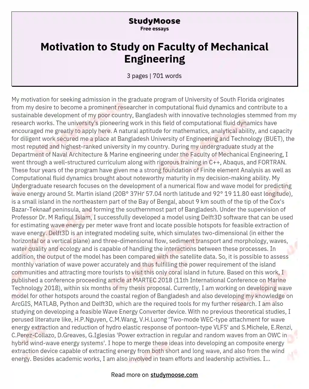 Motivation to Study on Faculty of Mechanical Engineering essay