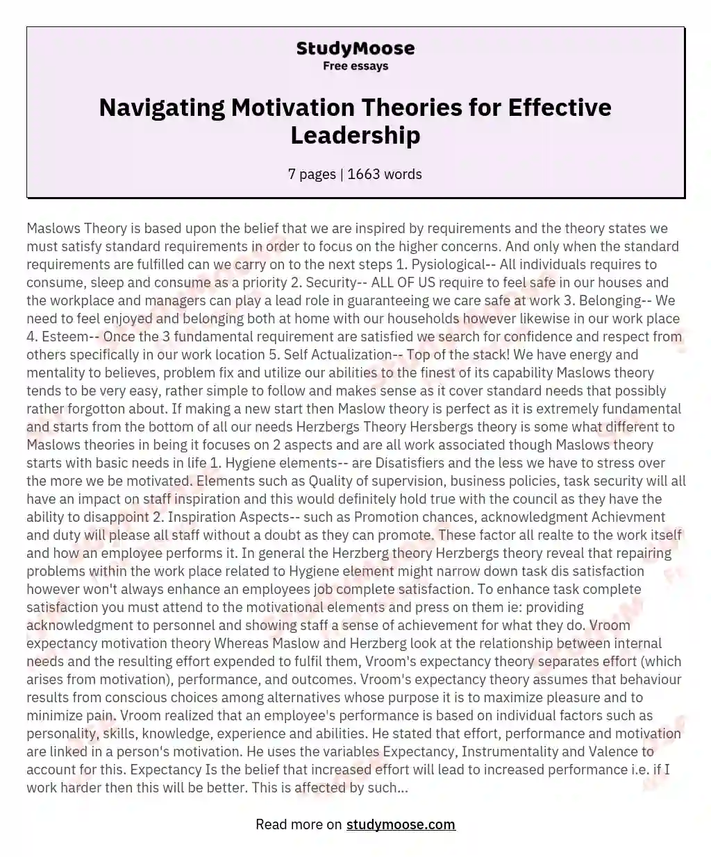 Navigating Motivation Theories for Effective Leadership essay