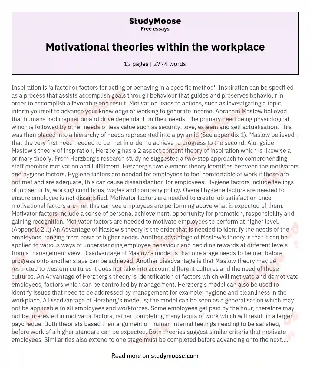 Motivational theories within the workplace essay