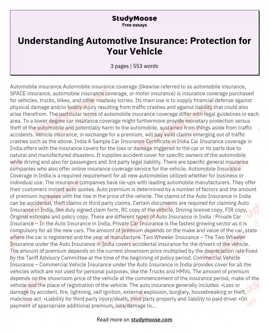 Understanding Automotive Insurance: Protection for Your Vehicle essay