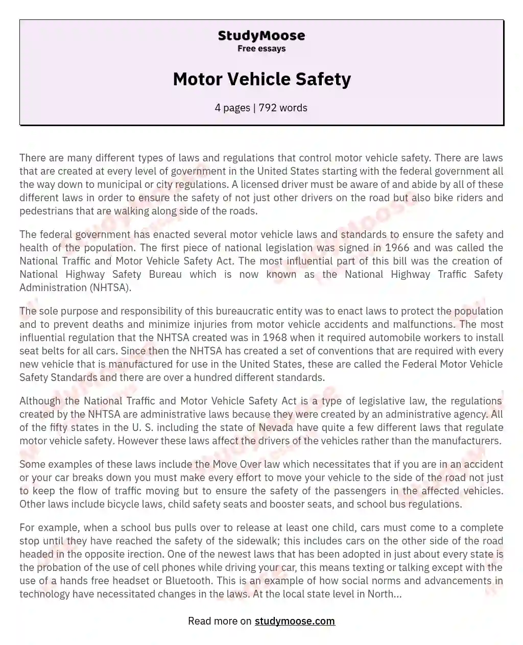 Motor Vehicle Safety essay
