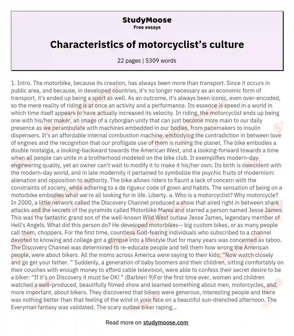 Characteristics of motorcyclist’s culture essay