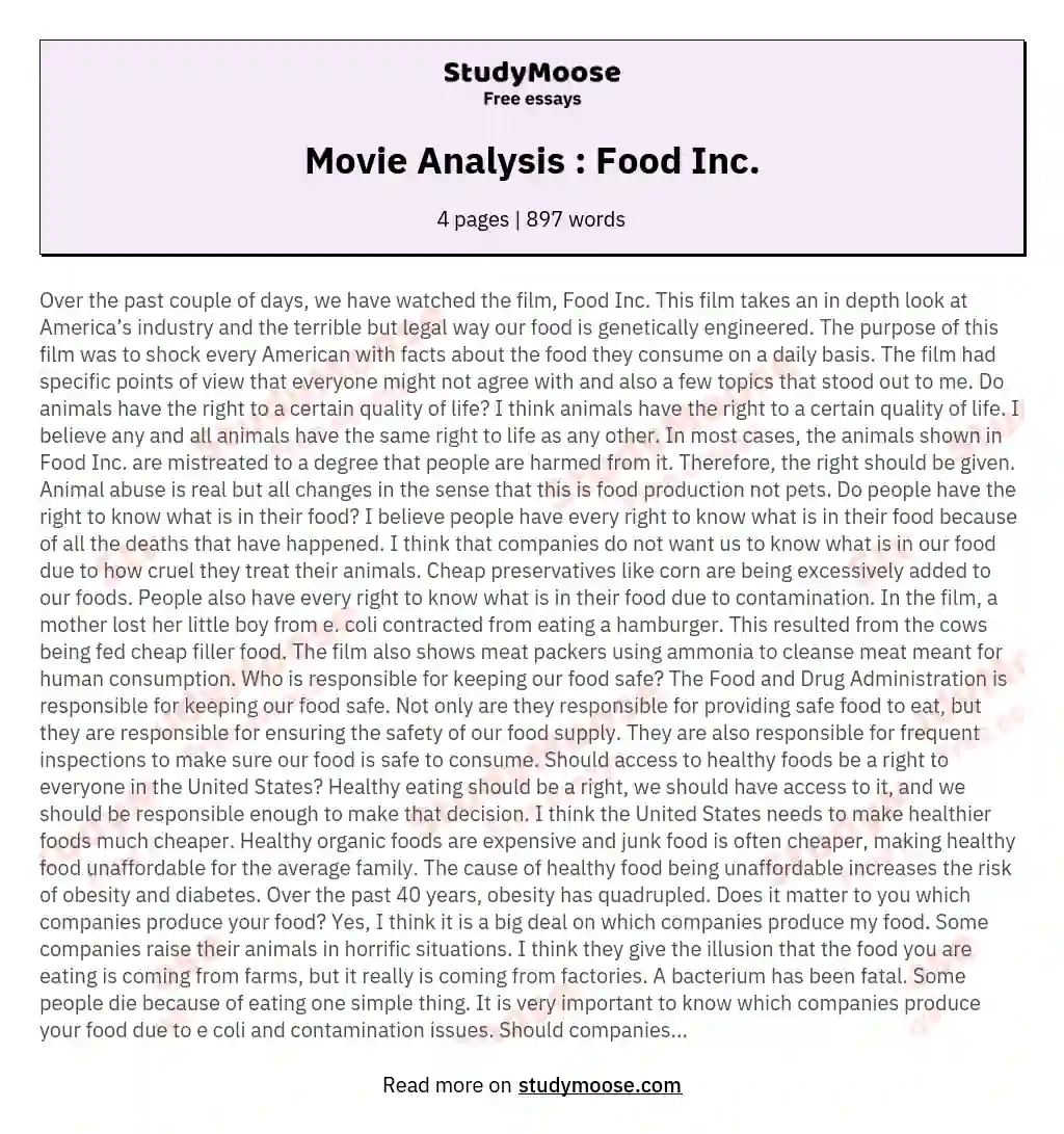 Movie Analysis : Food Inc. essay