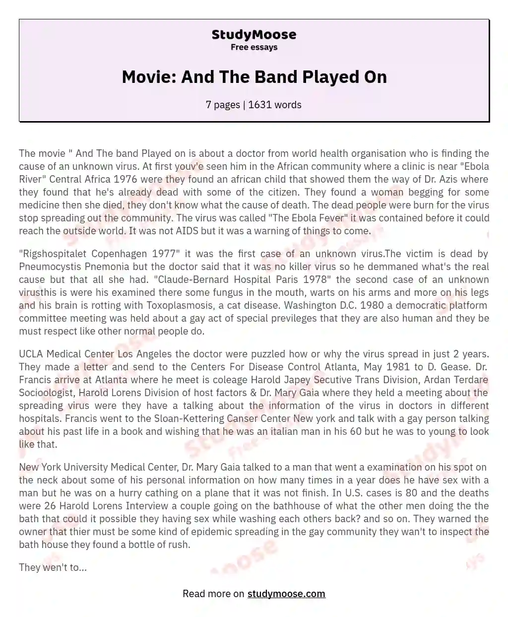 Movie: And The Band Played On essay