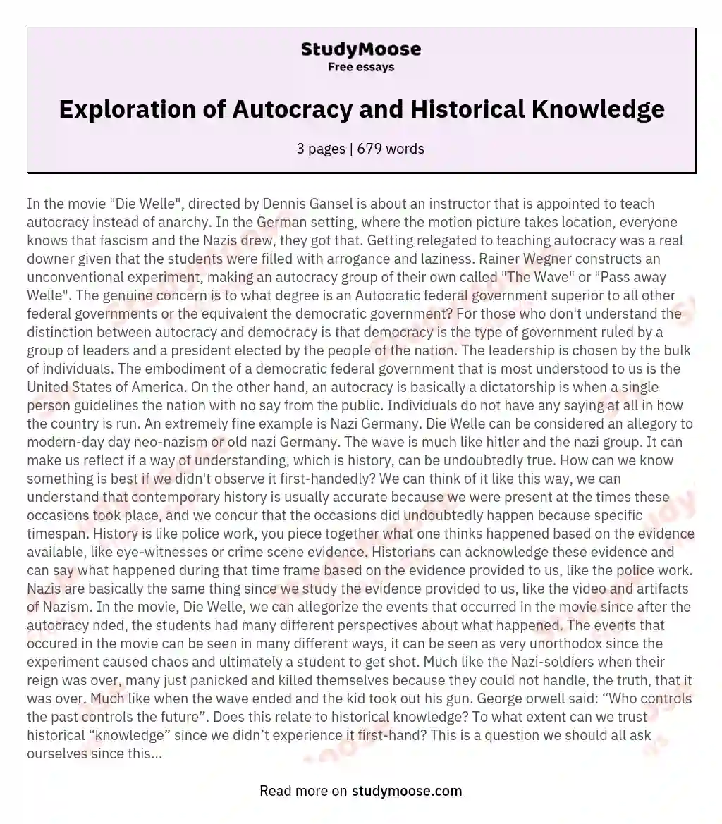 Exploration of Autocracy and Historical Knowledge essay