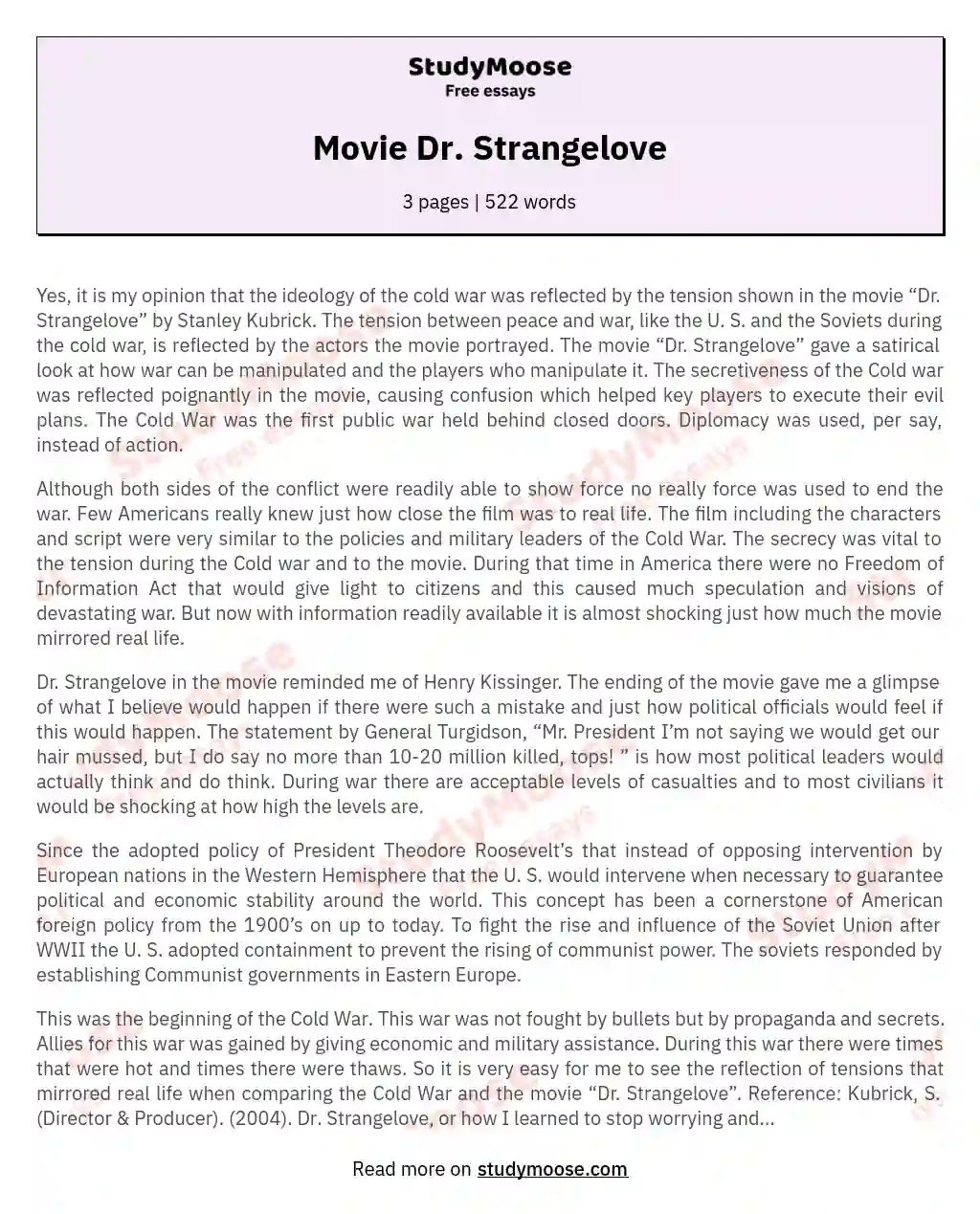 Movie  Dr. Strangelove essay