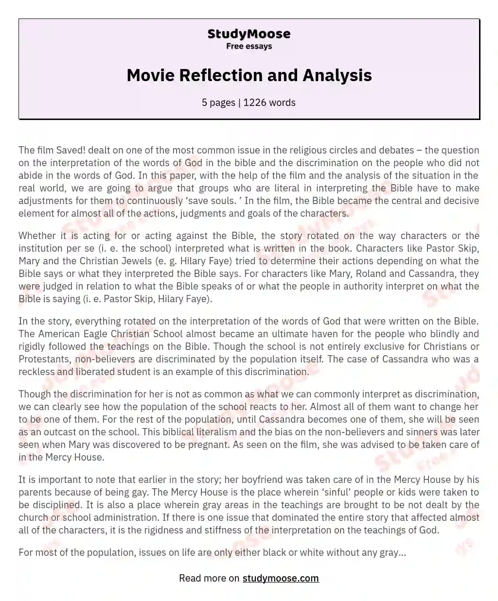 Movie Reflection and Analysis essay