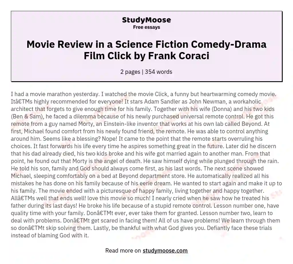 Movie Review in a Science Fiction Comedy-Drama Film Click by Frank Coraci essay