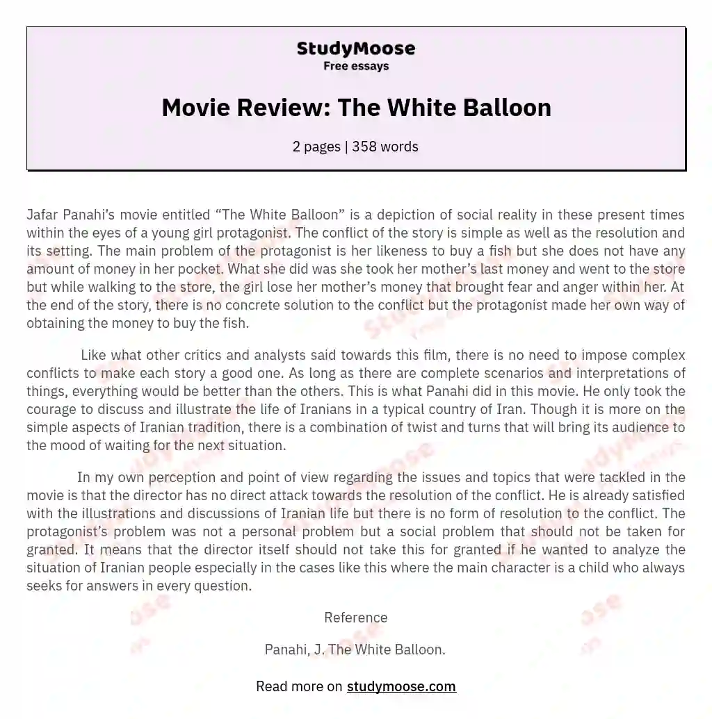 Movie Review: The White Balloon essay