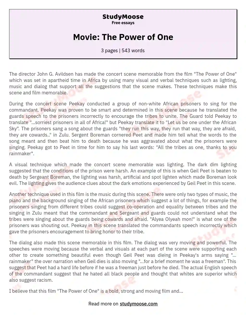 Movie: The Power of One essay