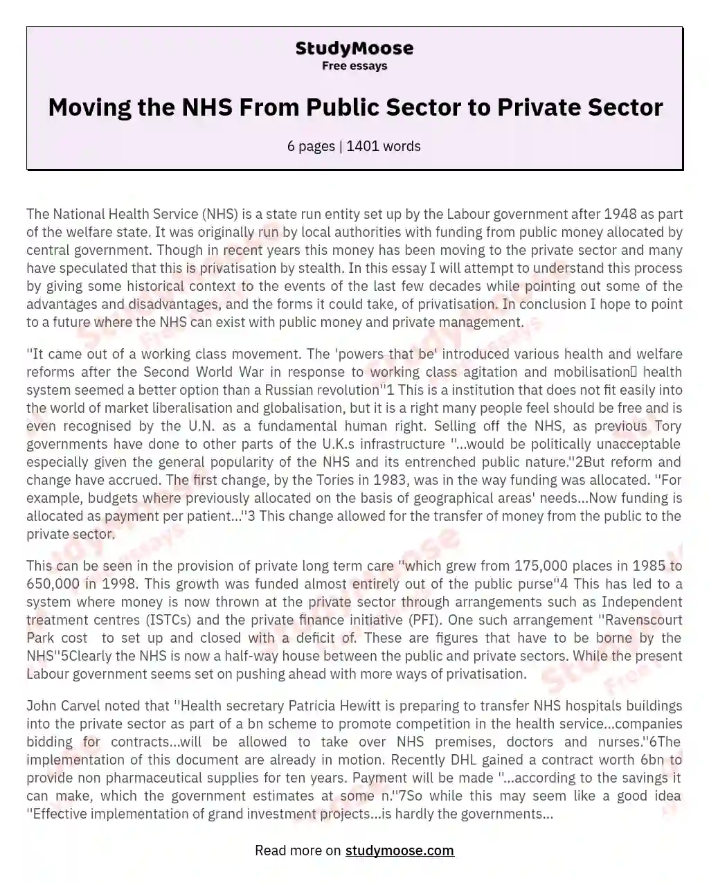 Moving the NHS From Public Sector to Private Sector