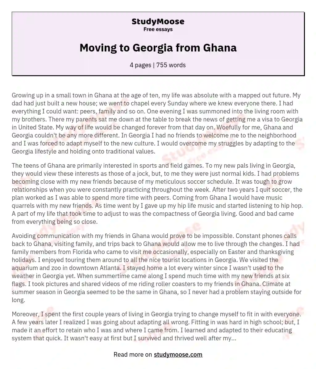 Moving to Georgia from Ghana essay