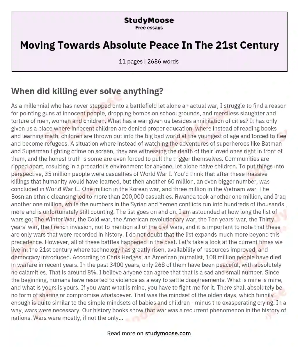 Moving Towards Absolute Peace In The 21st Century essay