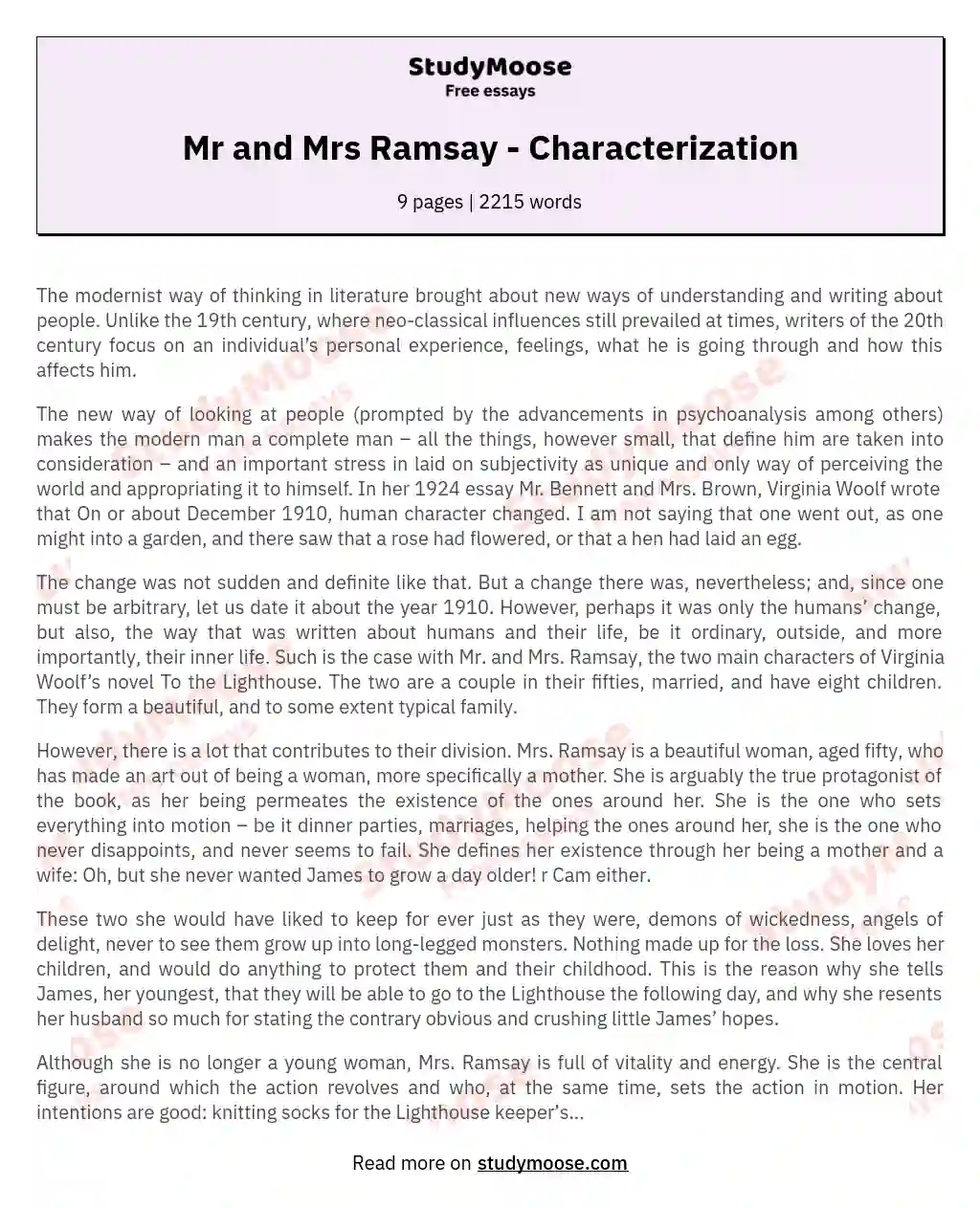 Mr and Mrs Ramsay - Characterization essay
