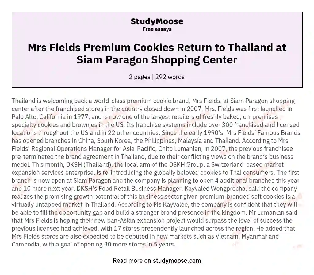Mrs Fields Premium Cookies Return to Thailand at Siam Paragon Shopping Center essay