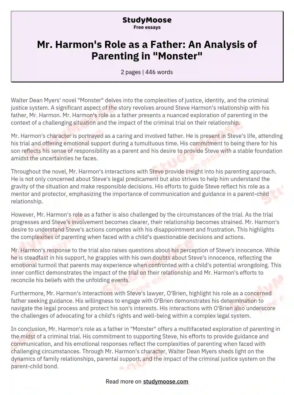 Mr. Harmon's Role as a Father: An Analysis of Parenting in "Monster" essay