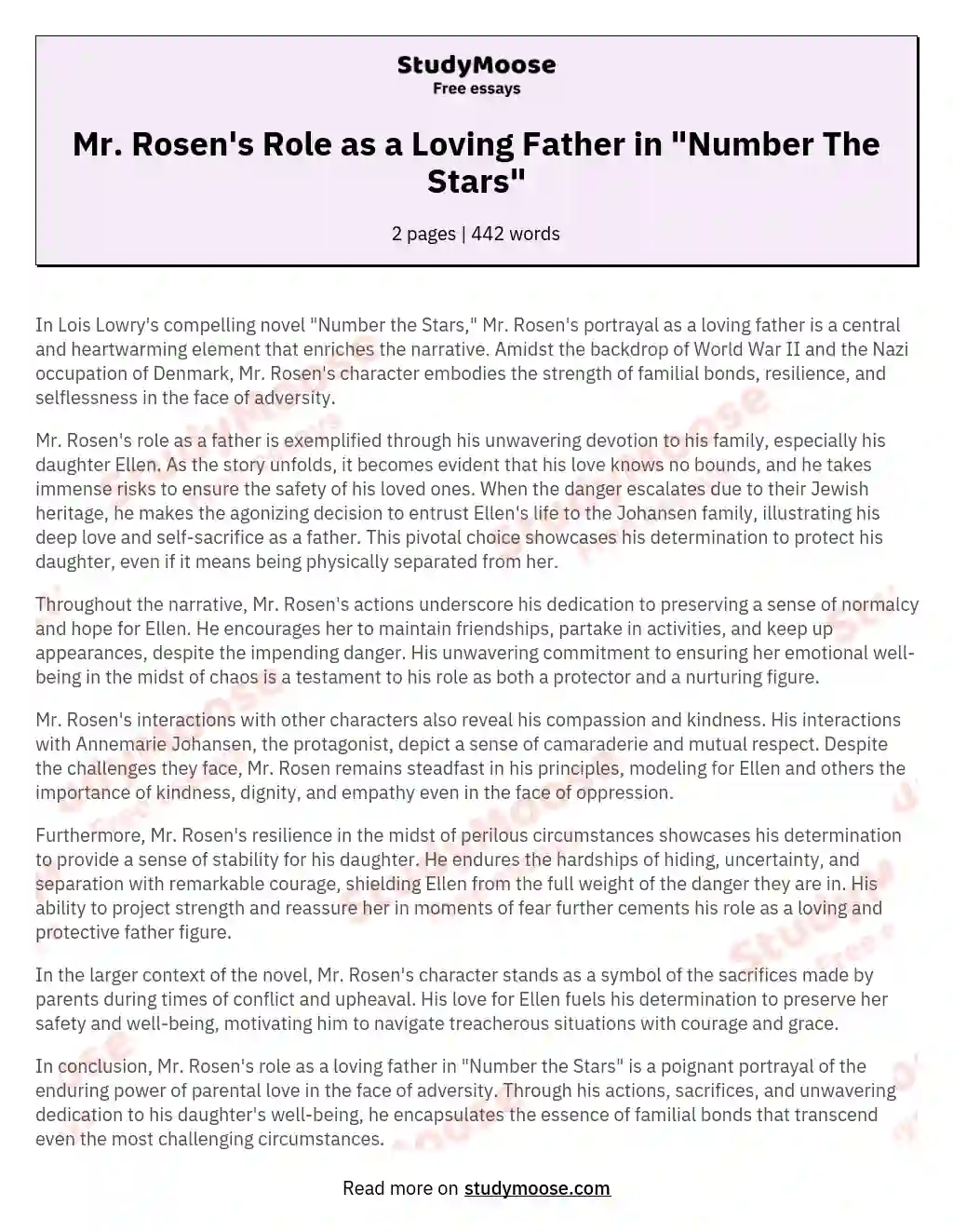 Mr. Rosen's Role as a Loving Father in "Number The Stars" essay