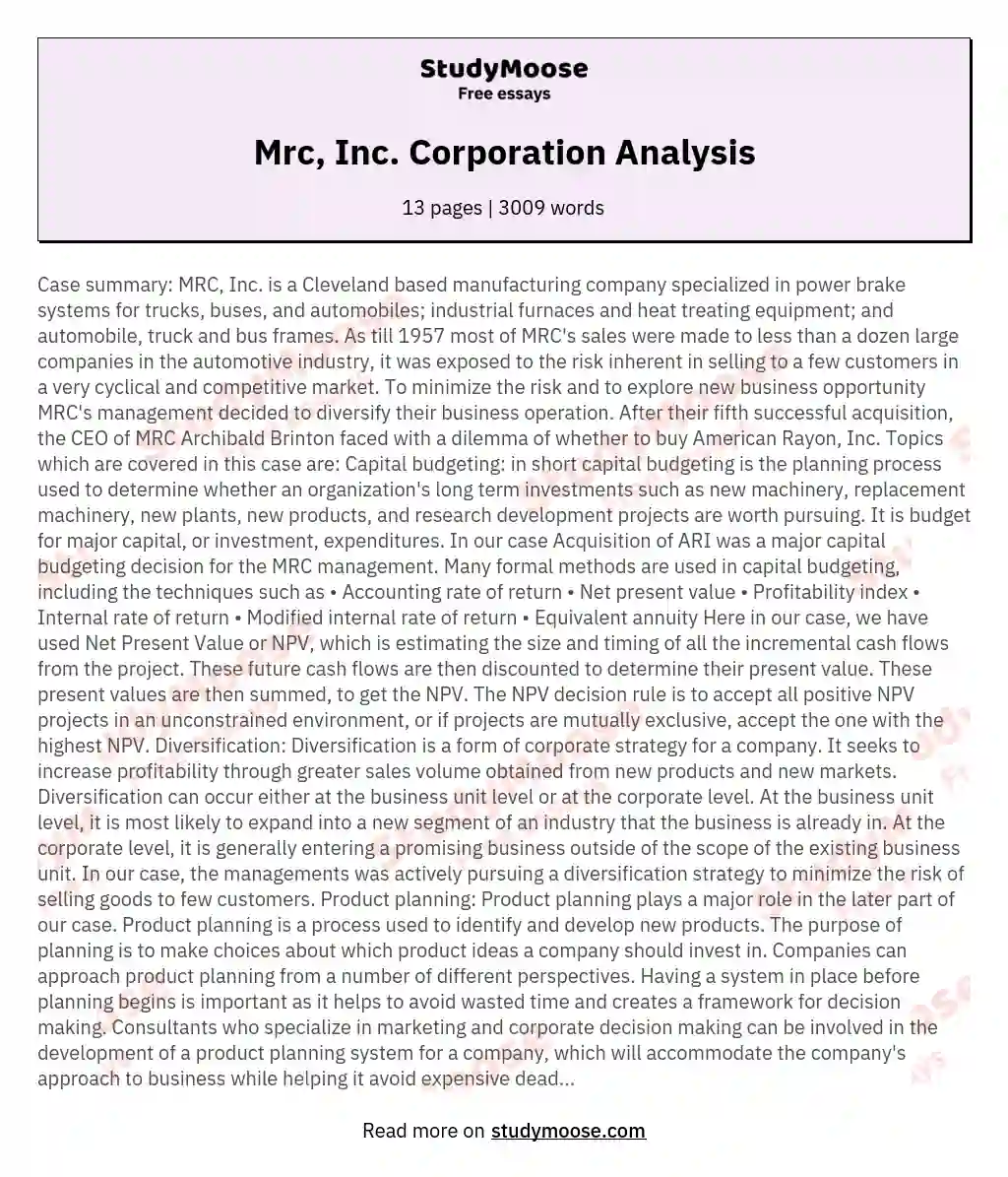 Mrc, Inc. Corporation Analysis essay