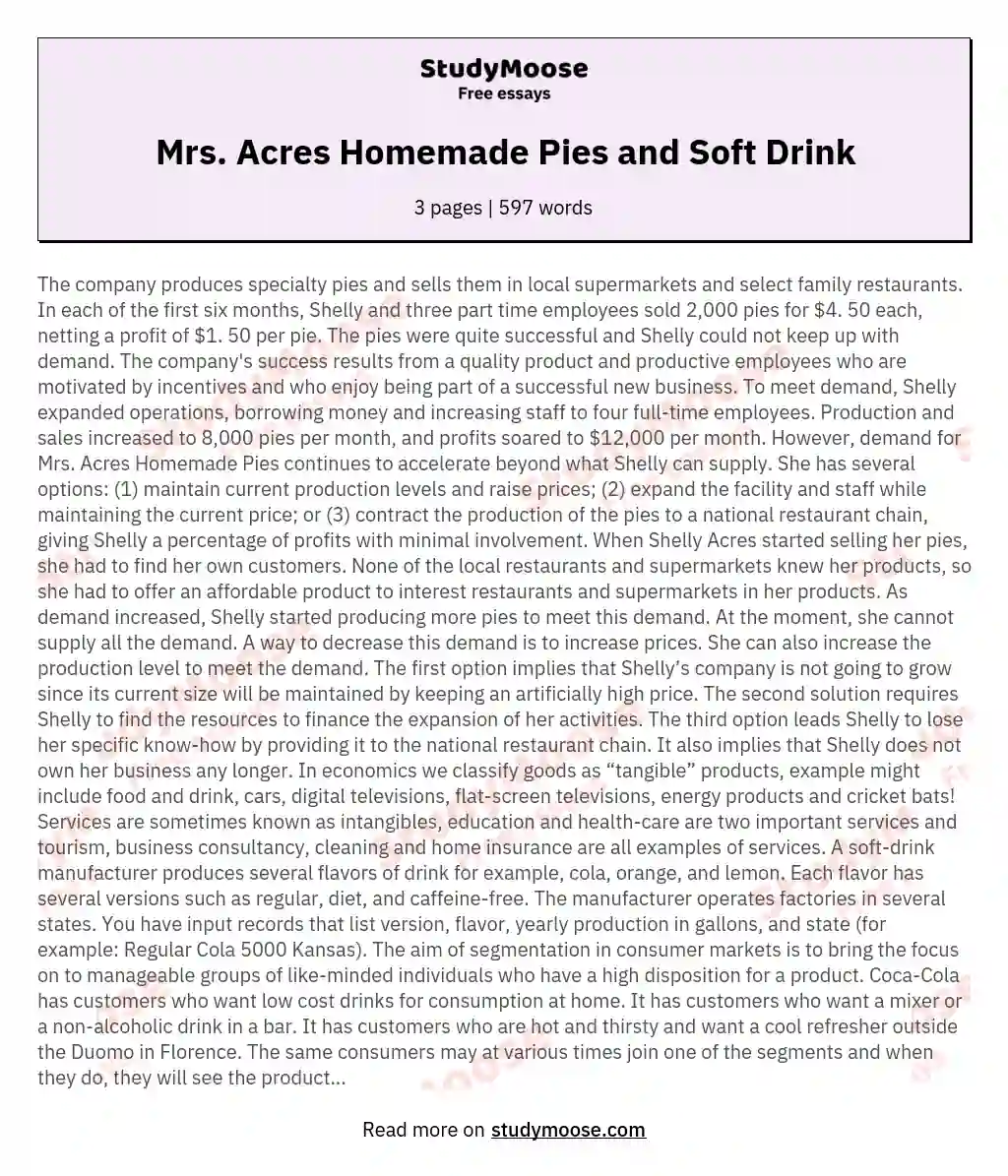 Mrs. Acres Homemade Pies and Soft Drink essay