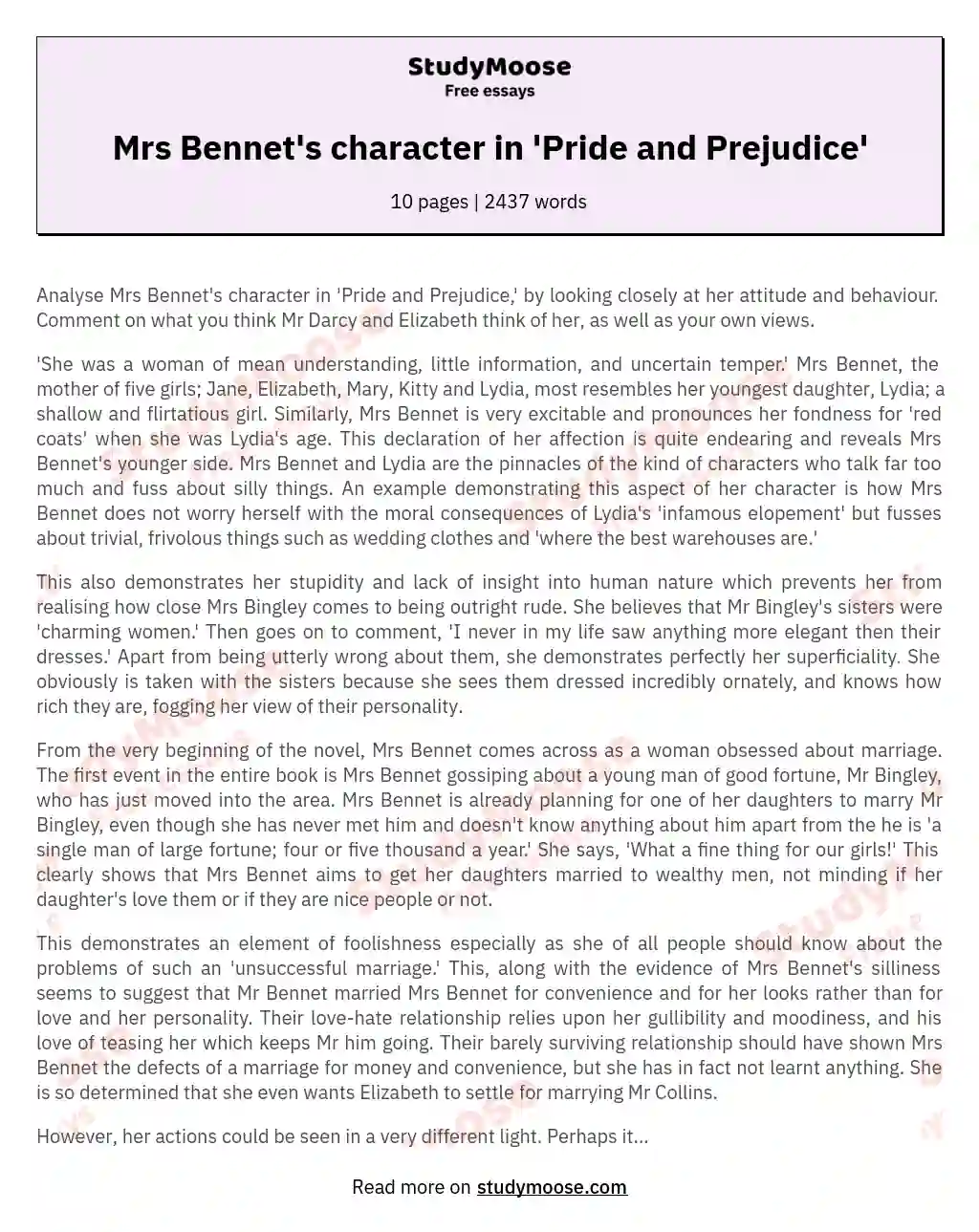 Mrs Bennet's character in 'Pride and Prejudice' essay