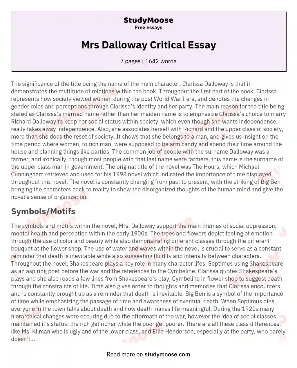 Mrs Dalloway Critical Essay essay