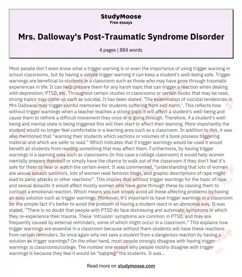 Mrs. Dalloway's Post-Traumatic Syndrome Disorder essay