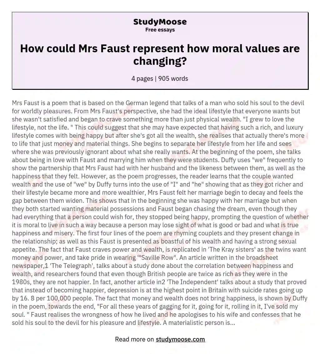 How could Mrs Faust represent how moral values are changing? essay