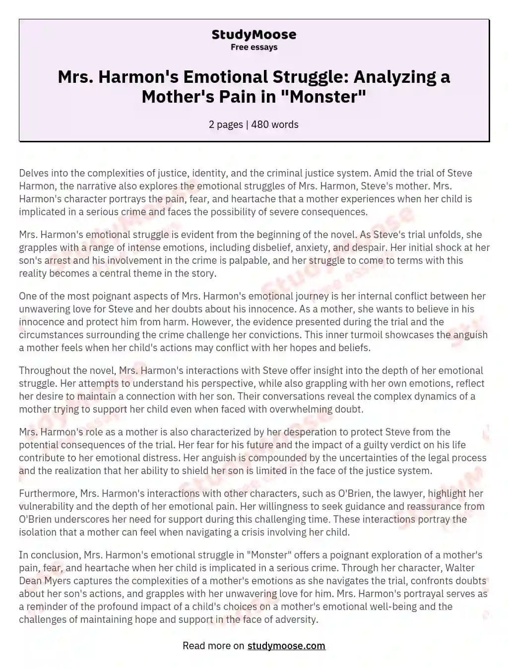 Mrs. Harmon's Emotional Struggle: Analyzing a Mother's Pain in "Monster" essay
