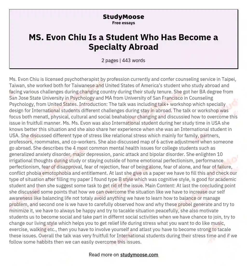 MS. Evon Chiu Is a Student Who Has Become a Specialty Abroad essay