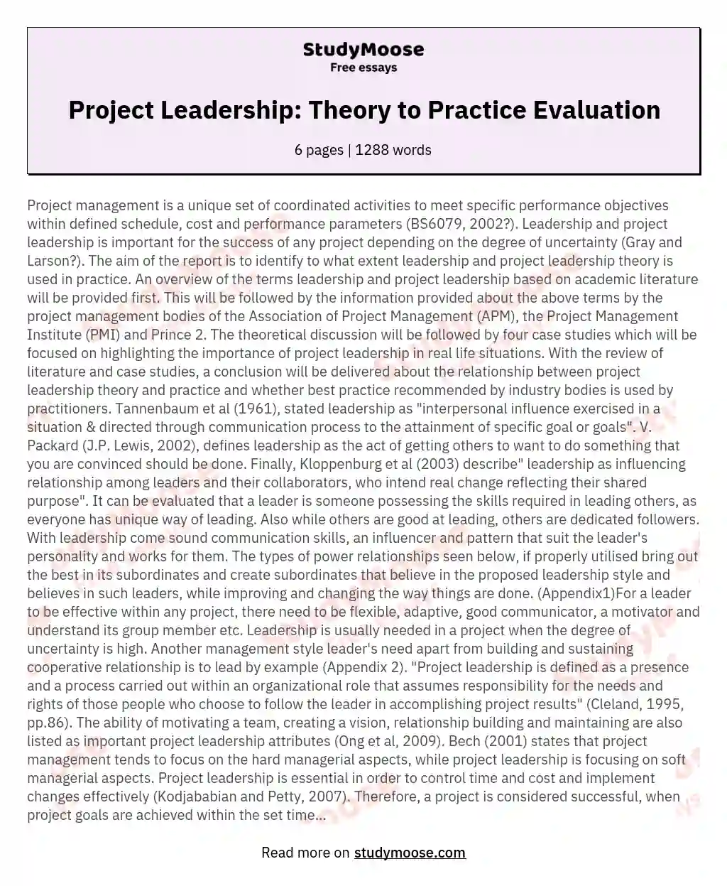 Project Leadership: Theory to Practice Evaluation essay