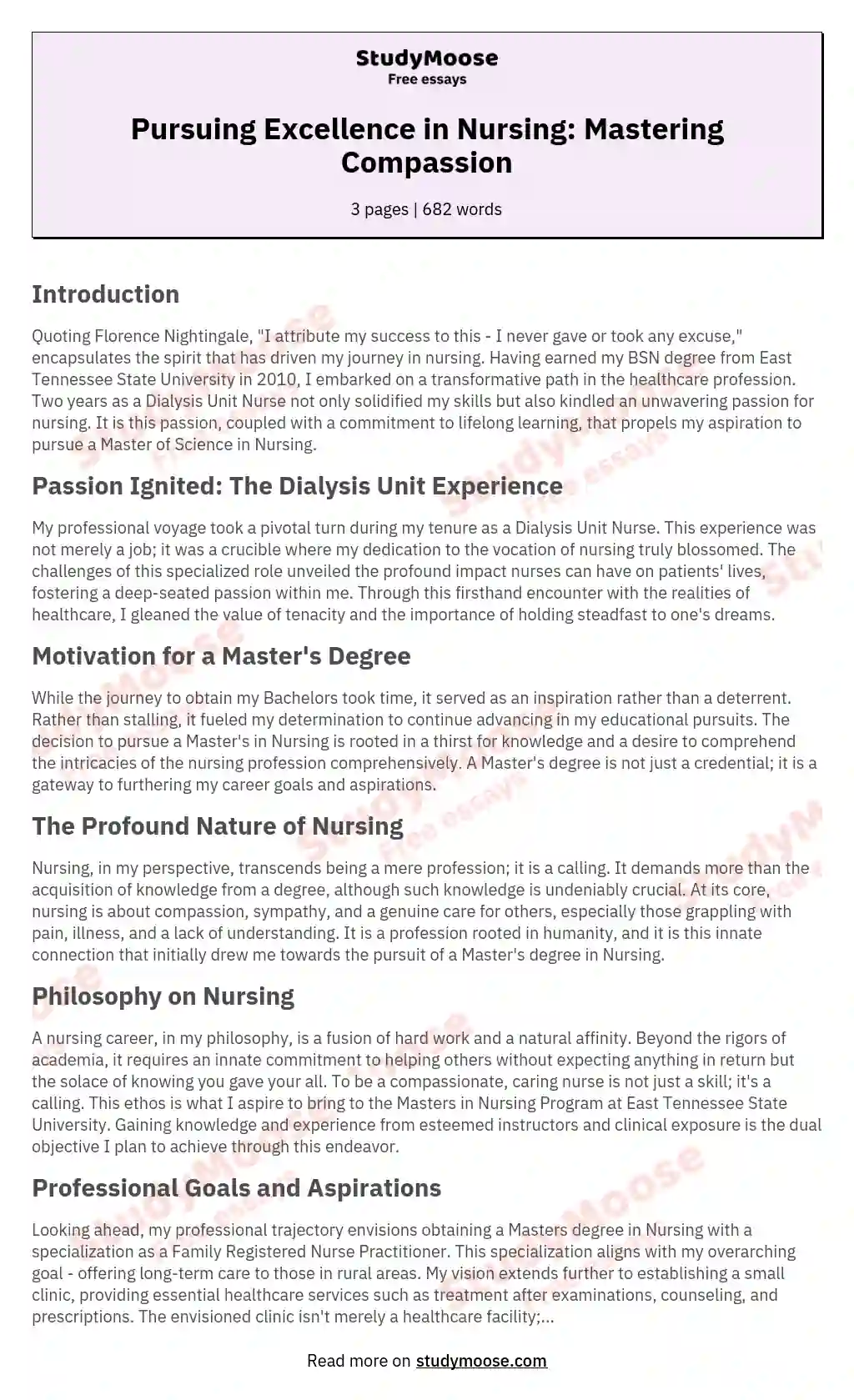 Pursuing Excellence in Nursing: Mastering Compassion essay