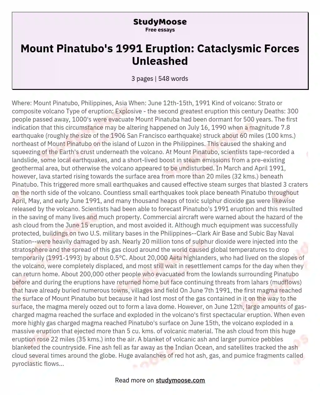 Mount Pinatubo's 1991 Eruption: Cataclysmic Forces Unleashed essay