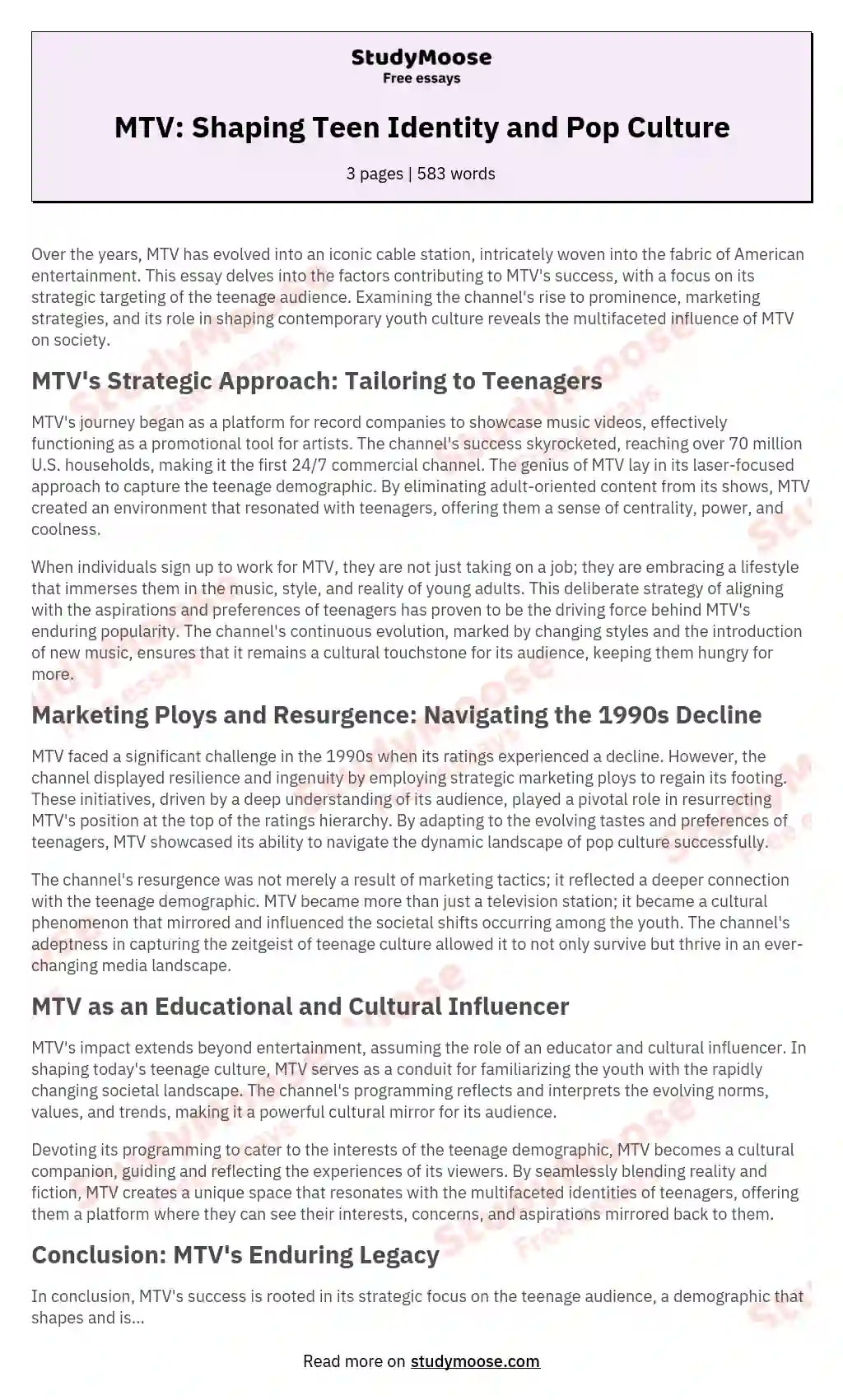 MTV: Shaping Teen Identity and Pop Culture essay