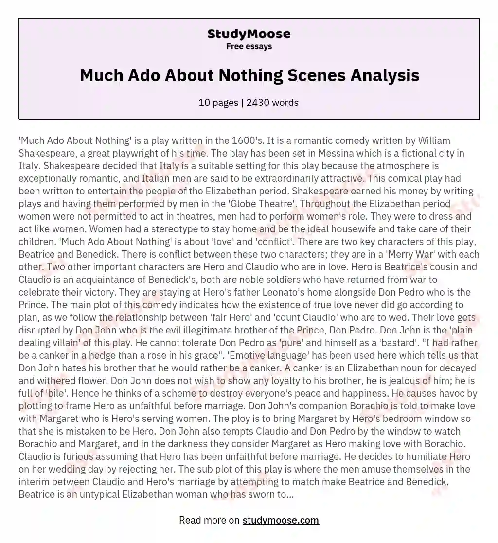 Much Ado About Nothing Scenes Analysis essay