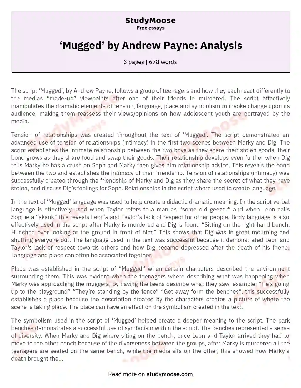‘Mugged’ by Andrew Payne: Analysis essay