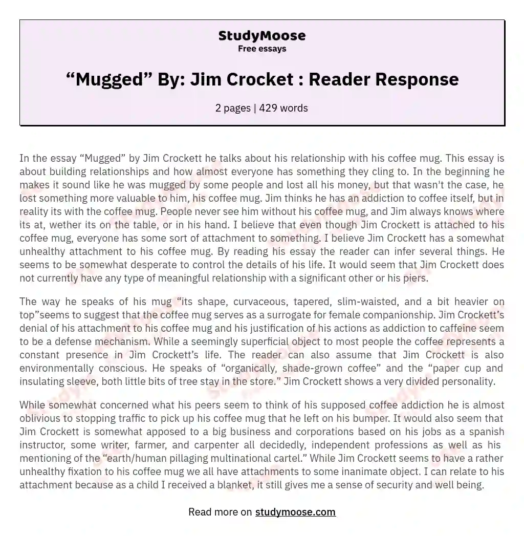 “Mugged” By: Jim Crocket : Reader Response essay