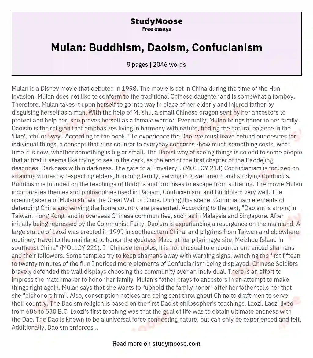 Mulan: Buddhism, Daoism, Confucianism essay