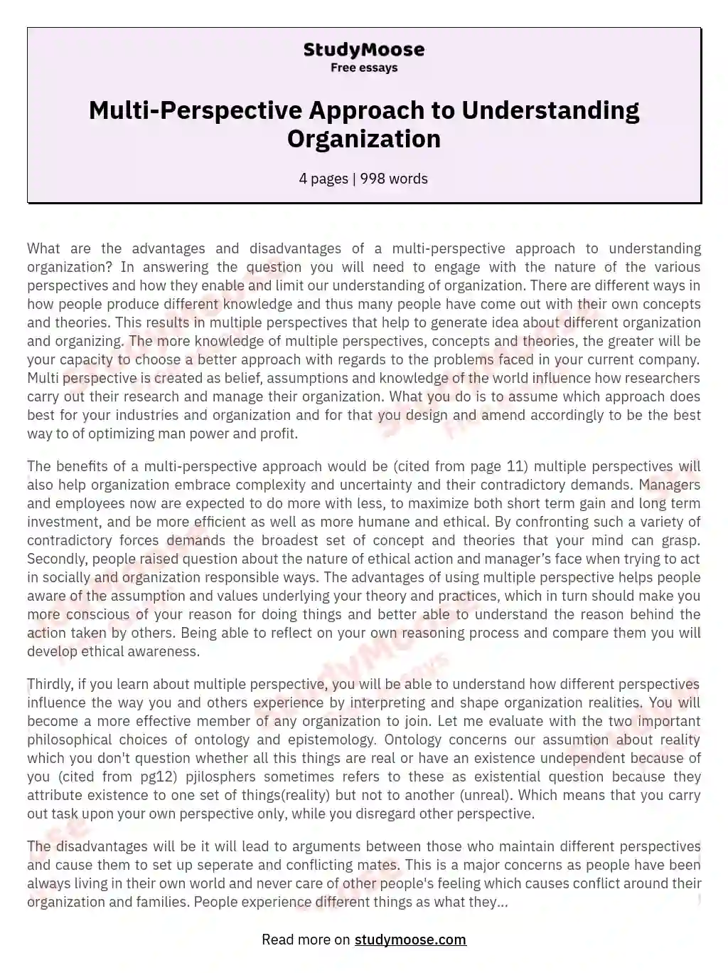 Multi-Perspective Approach to Understanding Organization essay