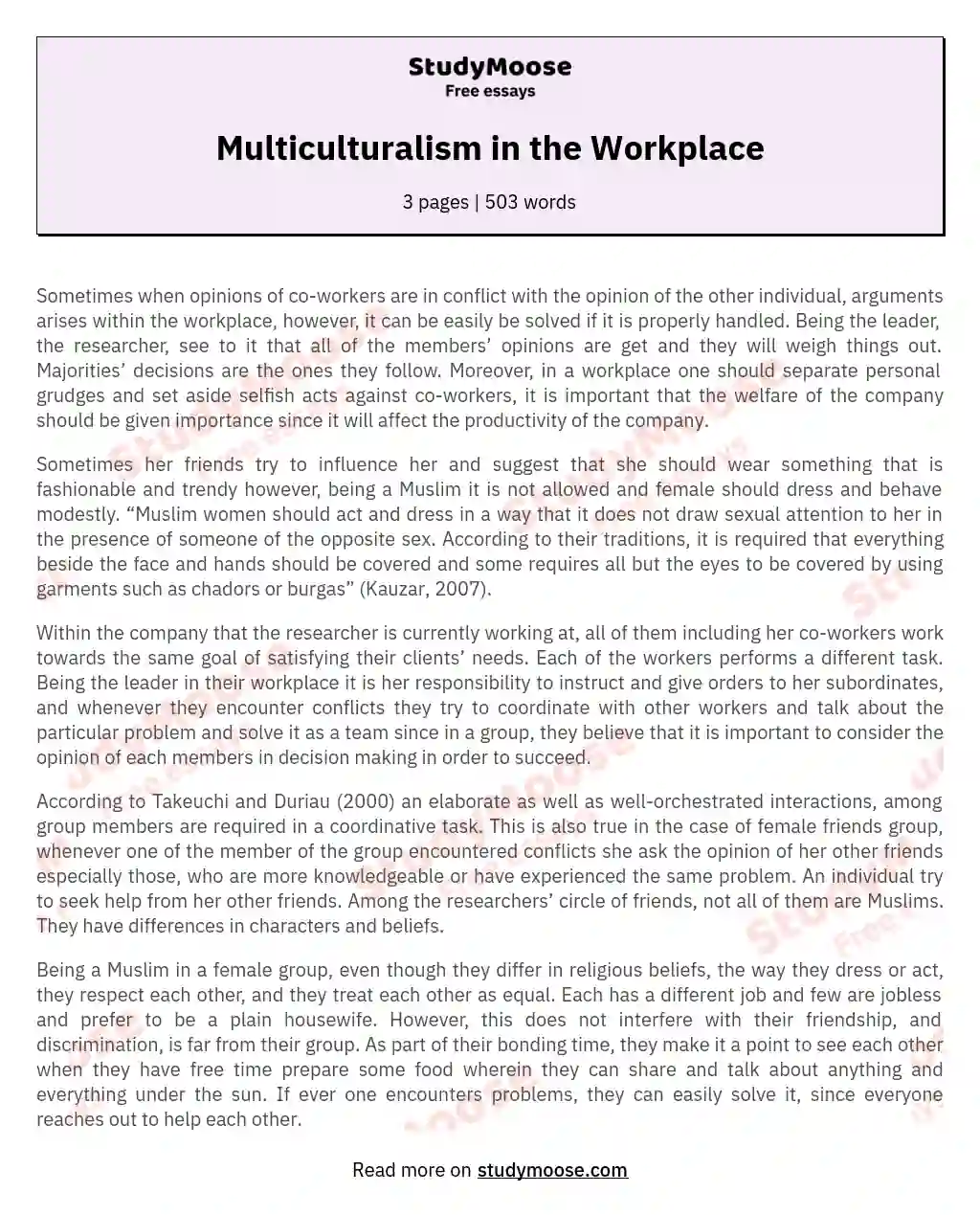 Multiculturalism in the Workplace essay