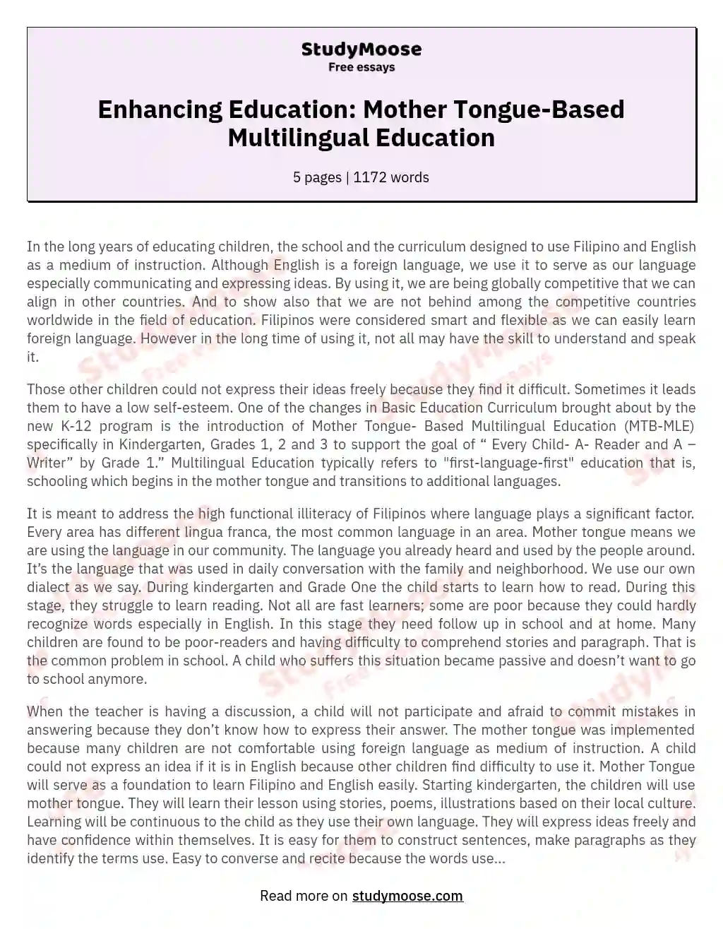 Enhancing Education: Mother Tongue-Based Multilingual Education essay