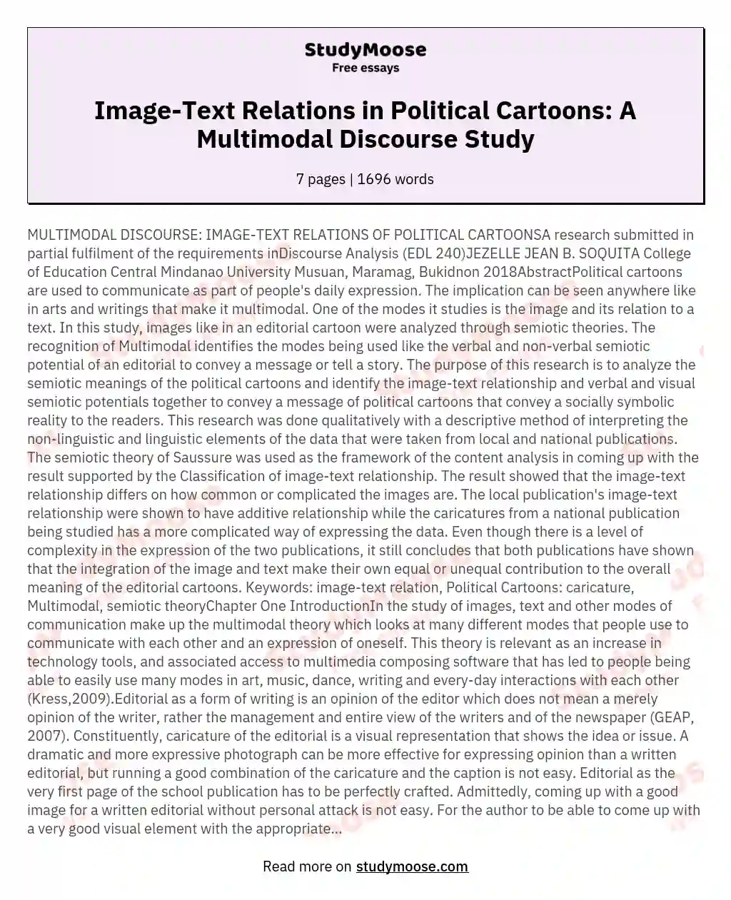MULTIMODAL DISCOURSE IMAGETEXT RELATIONS OF POLITICAL CARTOONSA research submitted in partial fulfilment