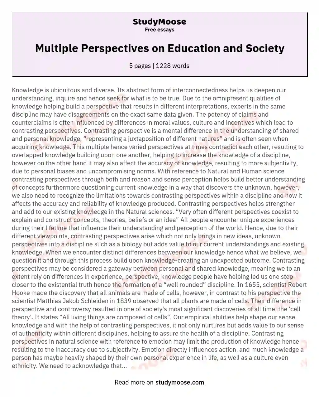 Multiple Perspectives on Education and Society essay