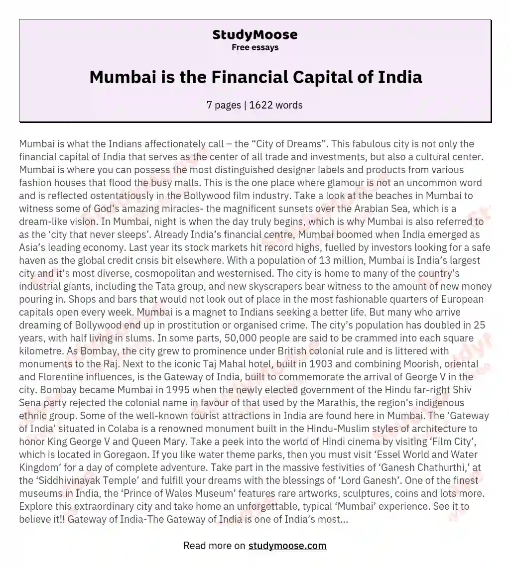 Mumbai is the Financial Capital of India essay