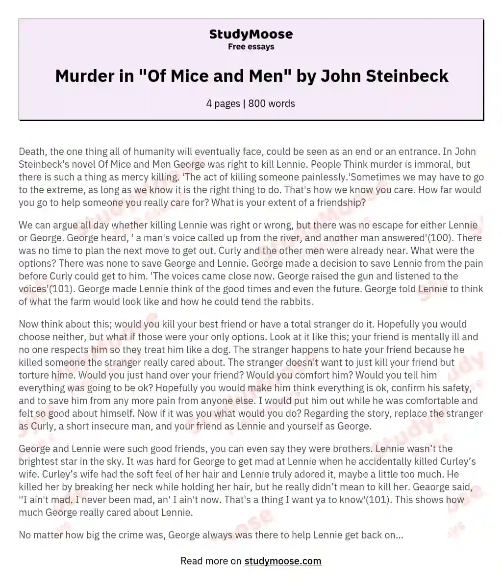Murder in "Of Mice and Men" by John Steinbeck essay