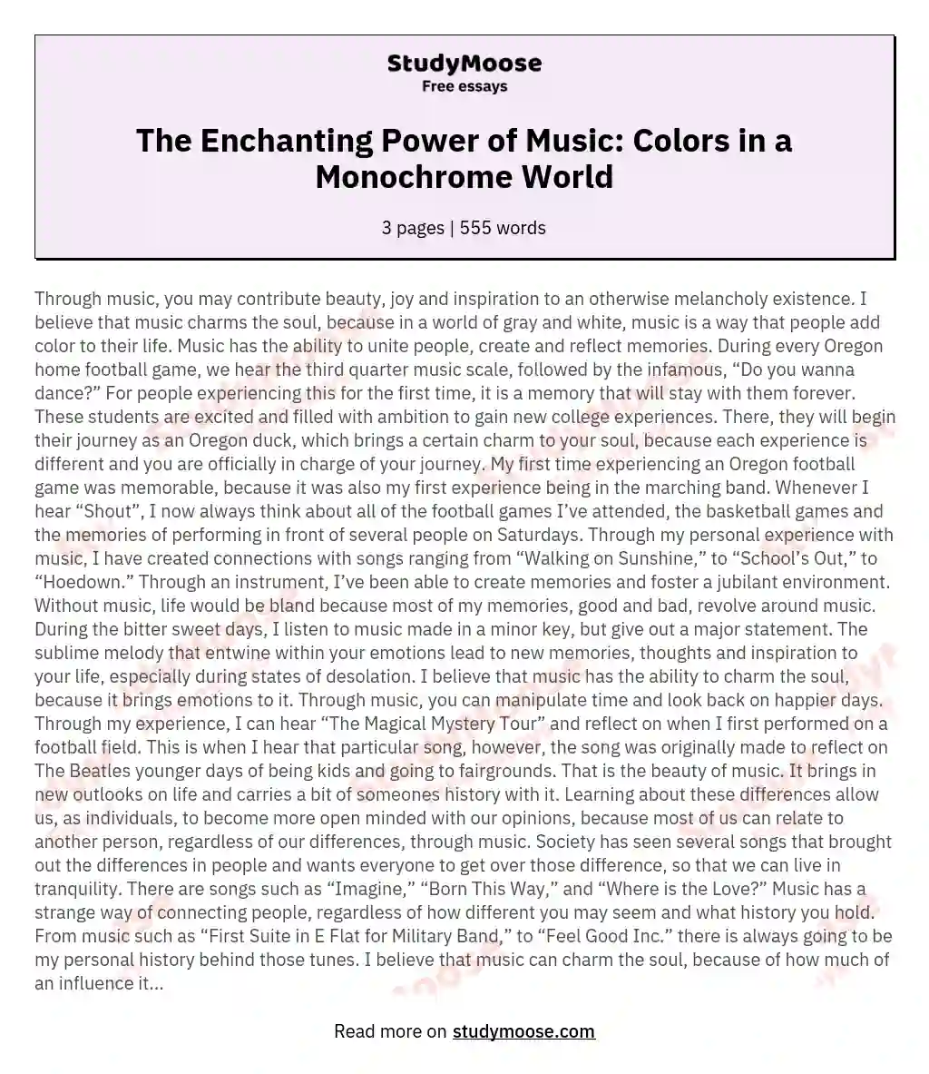 The Enchanting Power of Music: Colors in a Monochrome World essay