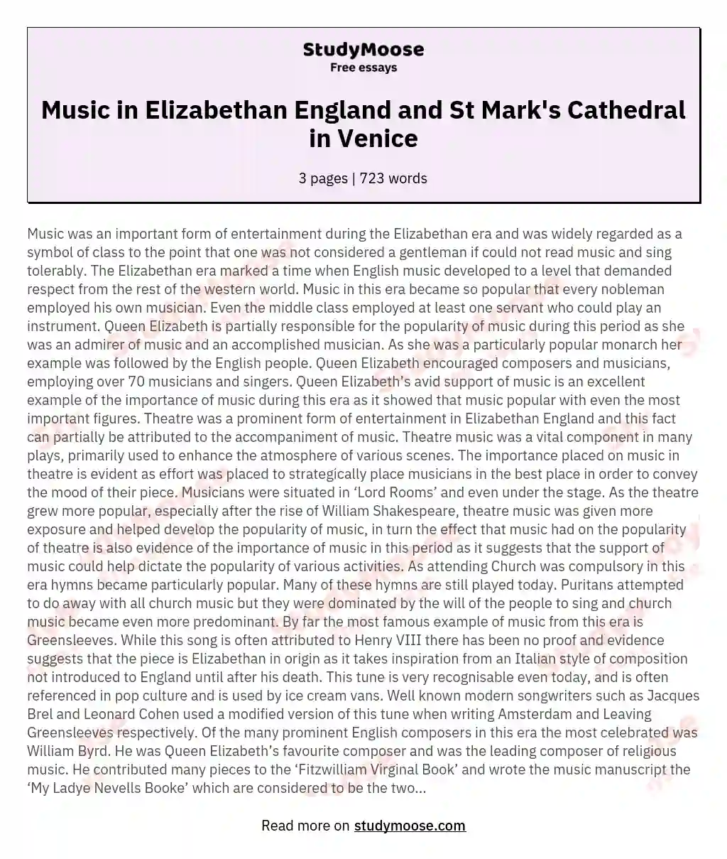 Music in Elizabethan England and St Mark's Cathedral in Venice essay