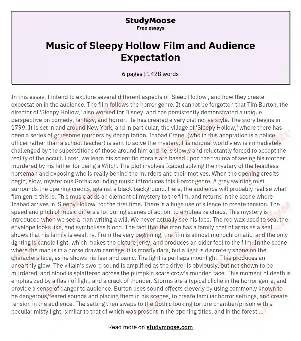 Music of Sleepy Hollow Film and Audience Expectation essay