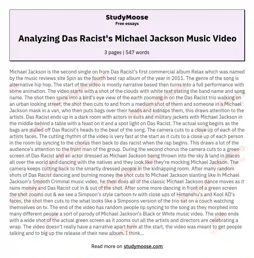 Analyzing Das Racist's Michael Jackson Music Video essay
