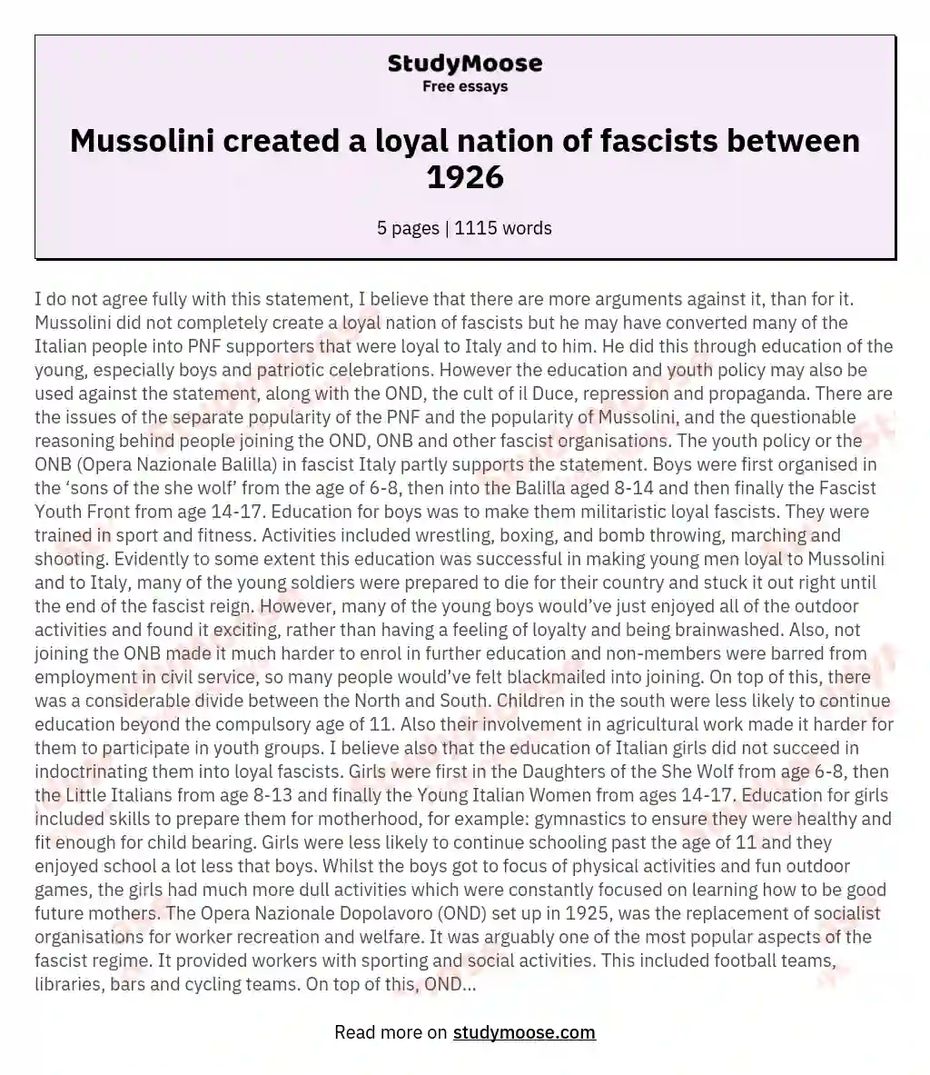Mussolini created a loyal nation of fascists between 1926 essay