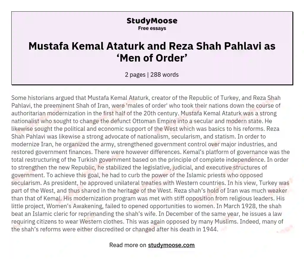 Mustafa Kemal Ataturk and Reza Shah Pahlavi as ‘Men of Order’ essay